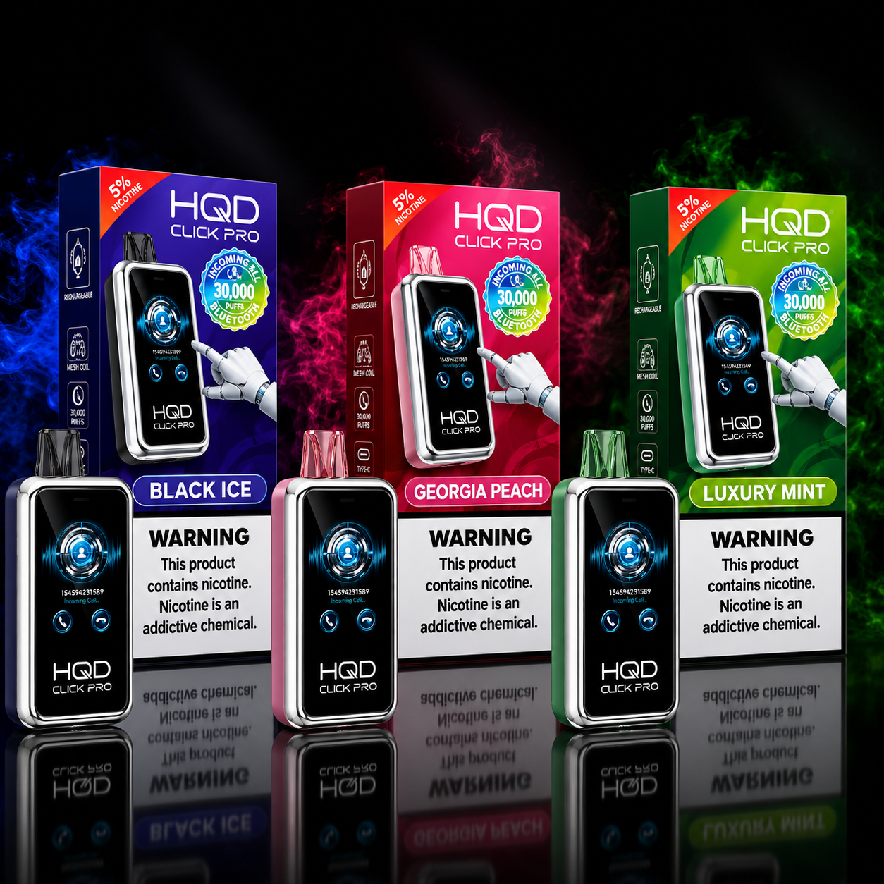 HQD Click Pro 30000 Puff pod vape device 3 pack in Black Ice Georgia Peach and Luxury Mint flavors with Bluetooth connectivity smart display and rechargeable design