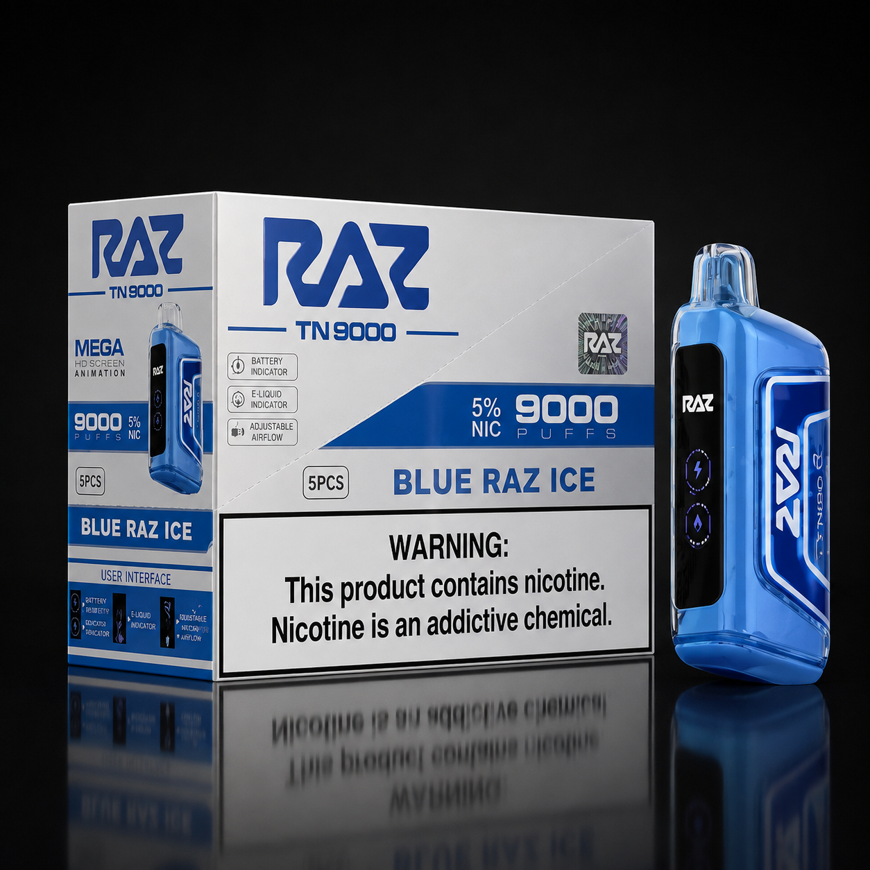 Raz TN9000 9000 Puff Disposable Vape 5 Pack featuring rechargeable battery, 12mL e-liquid capacity, HD smart display, mesh coil technology, and all available flavors at Deltamates.