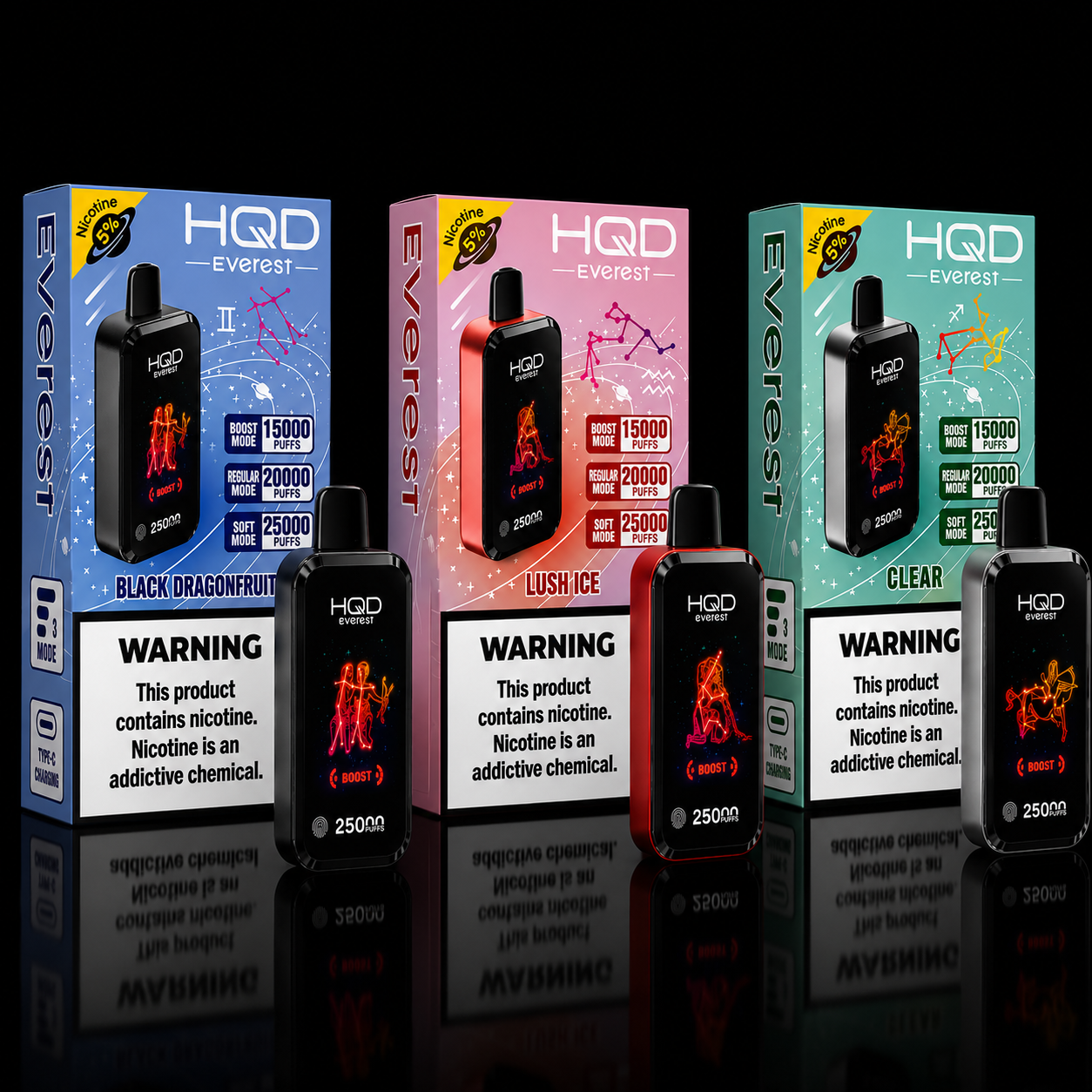 HQD Everest 25000 Black Dragonfruit, Lush Ice and Clear disposable vape collection.