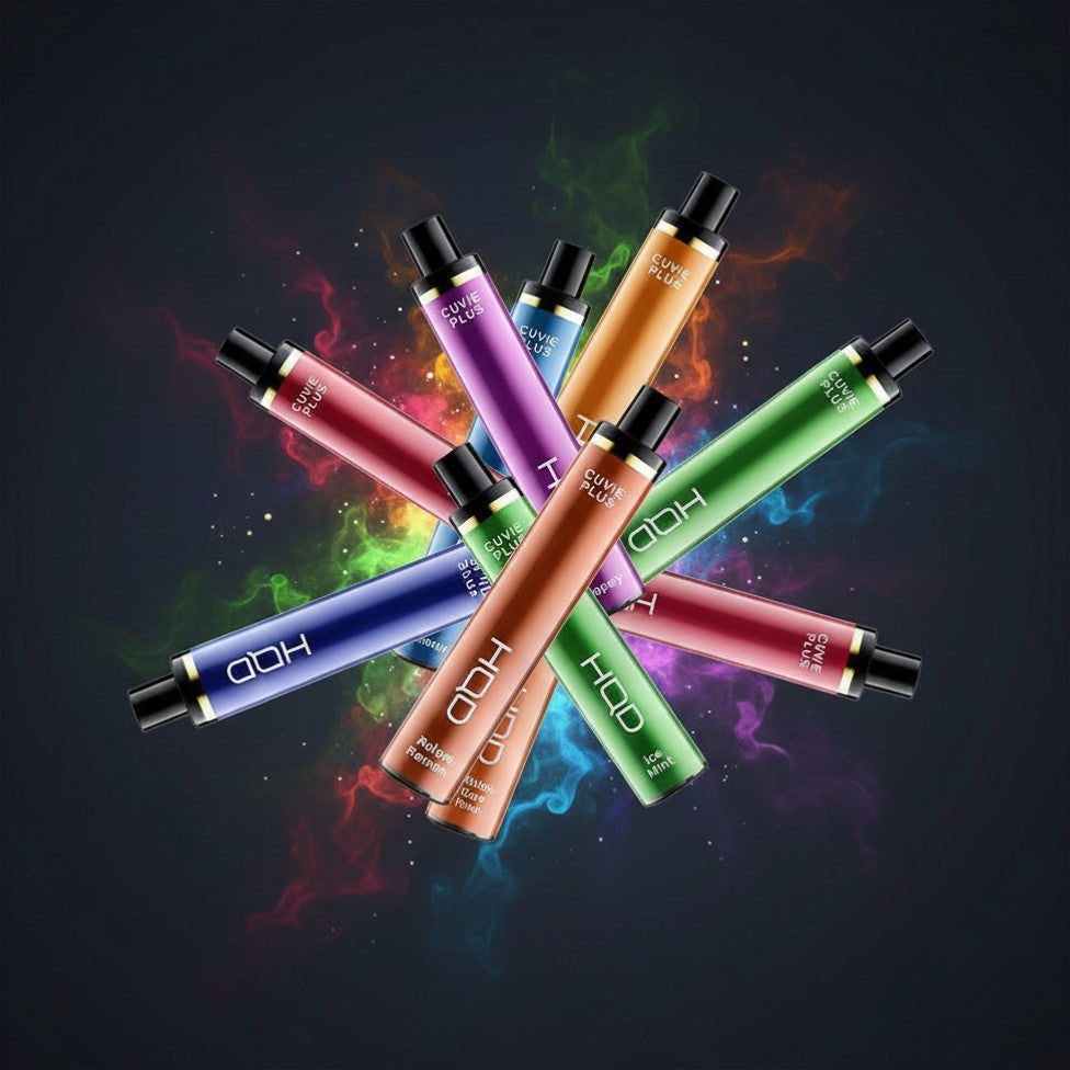 HQD Cuvie Plus 1200 Puff disposable vape 6 pack in multiple flavors and colors with authentic rechargeable nicotine salt devices