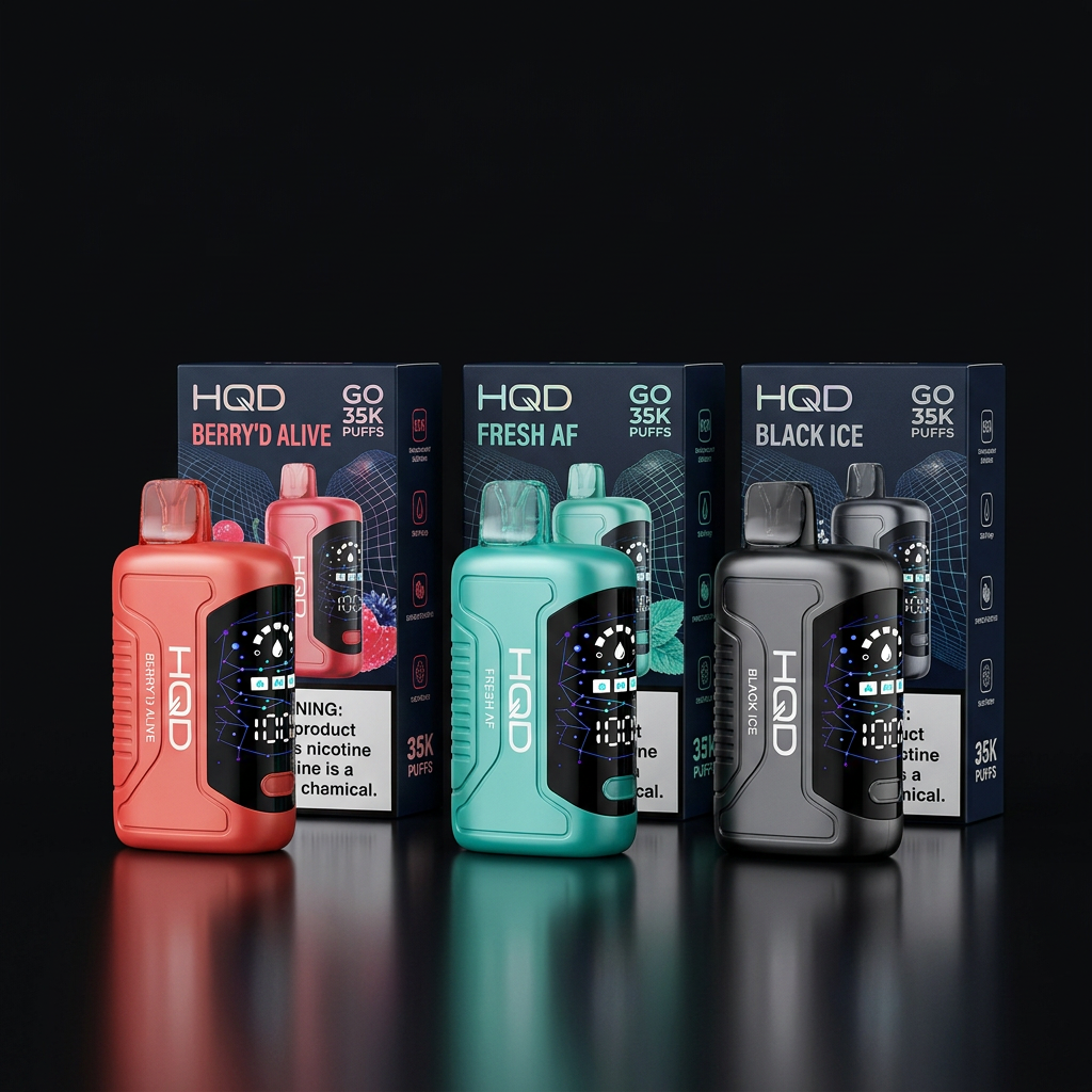 HQD Go 35000 Puff disposable vape 5 pack in multiple flavors and colors with smart display adjustable airflow and rechargeable battery