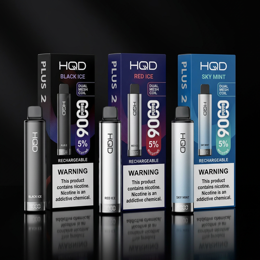 HQD Plus 2.0 9000 Puff disposable vape 5 pack in multiple flavors and colors with smart display and rechargeable battery