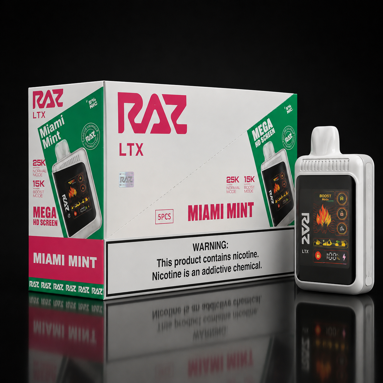 RAZ LTX 25K Puff Disposable Vape 5 Pack Miami Mint featuring the authentic retail box and rechargeable device with HD display, mesh coil, adjustable airflow, and 5% nicotine by Deltamates.