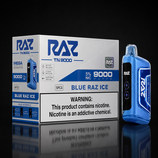 Raz TN9000 9000 Puff Disposable Vape 5 Pack featuring rechargeable battery, 12mL e-liquid capacity, HD smart display, mesh coil technology, and all available flavors at Deltamates.